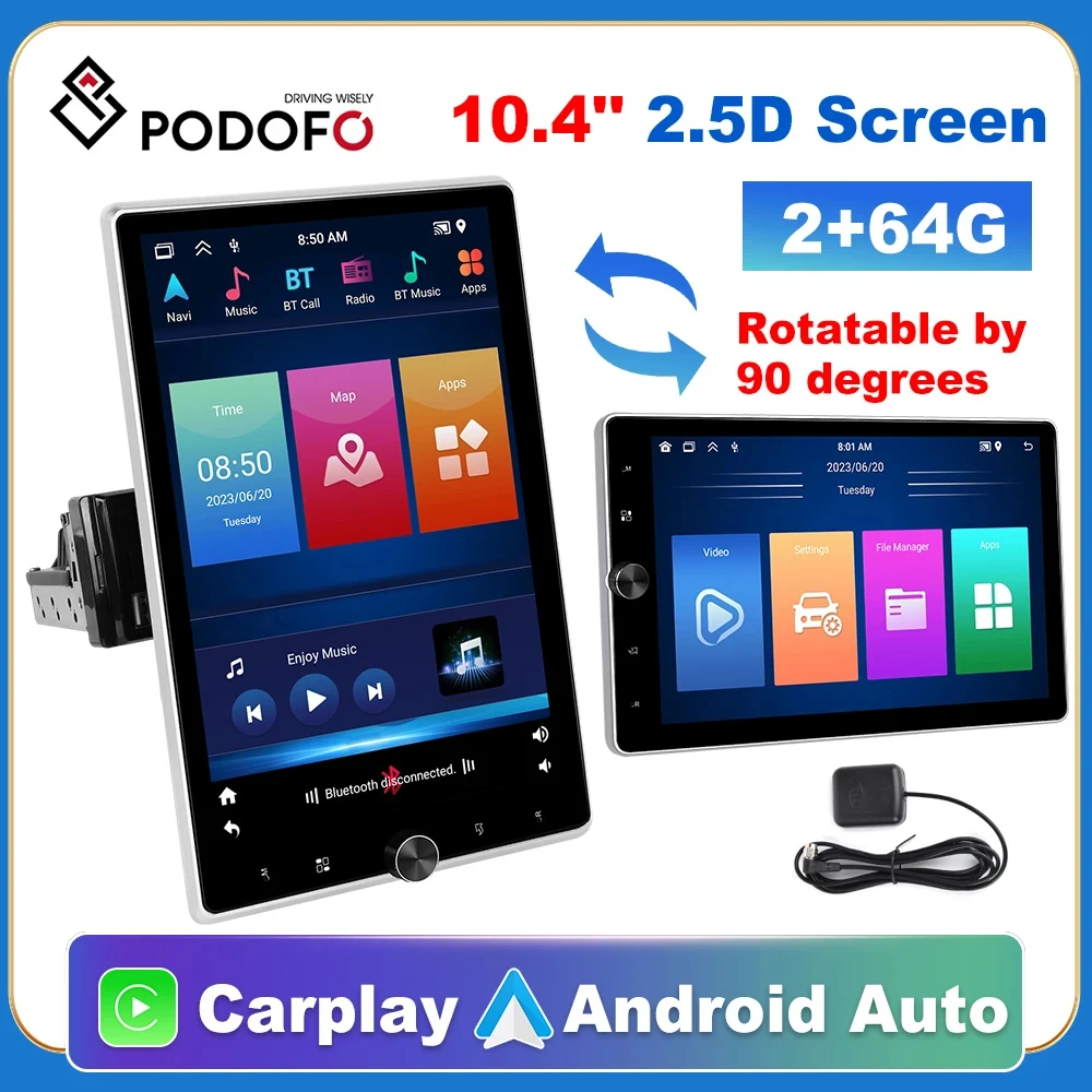 Podofo 1 Din автомобильный стерео радио Carplay 10 4 ''HD сенсорный экран мультимедийный