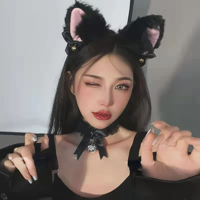 

1set Cat Ears Bow Headband Necklace Cosplay Rabbit Ear Plush Bell Hairband Women Girl Masquerade Party Headwear Hair Accessories