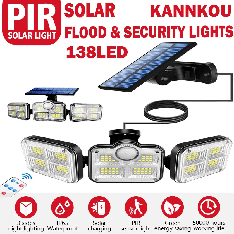 Solar Light Outdoor Kannkou 138LED IP65 Waterproof PIR Rotatable Solar Wall Light Solar Flood & Security Lights