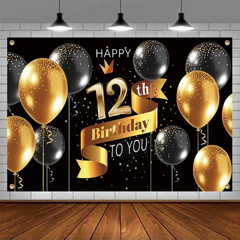 

Photography Backdrop Happy 12th Birthday Party Background Banner Poster Decorations Supplies For Boys - Black Gold Balloons