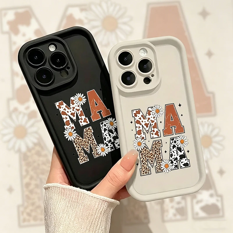 Фото Противоударный силиконовый чехол для iPhone 17 Air 16 E 15 14 Plus 13 12 Mini 11 Pro Max с леопардовым и коровьим принтом и надписью «Mama» №1