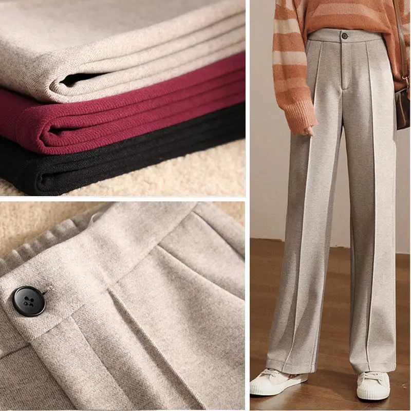 

Tweed Pants Female Winter 2022 New High Waist Wide Leg Pants Loose Office Lady Casual Straight Pants Black Baggy Pants Clothes