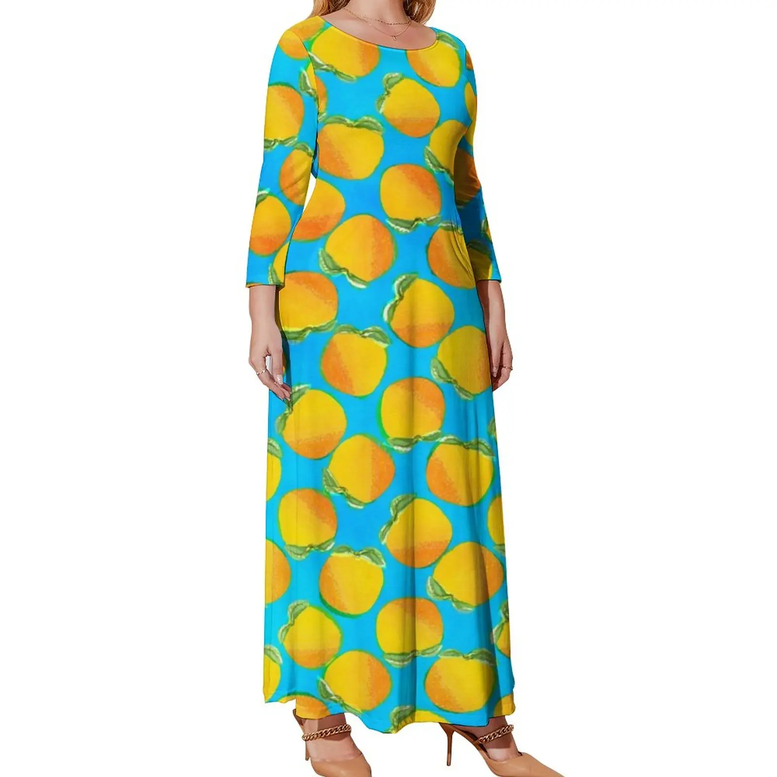 Watercolor Oranges Dress Long-Sleeve Bright Fruit Print Party Maxi Dress Streetwear Graphic Bohemia Long Dresses Plus Size 4XL