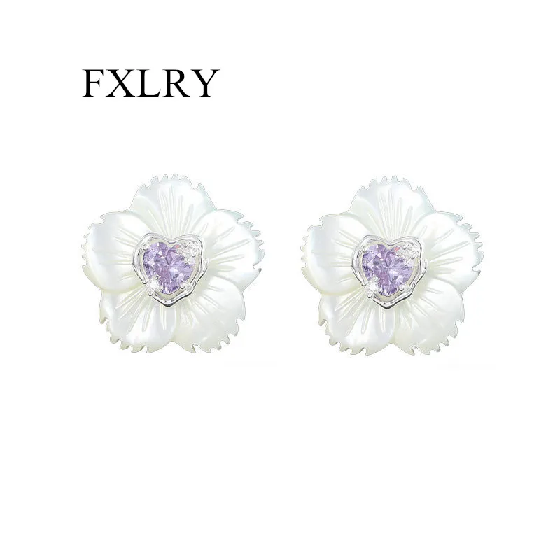 

FXLRY Elegant S925 Silver Needle Sweet Heart Flower Natural Fritillary White Shell Flower Earrings For Women Wedding Jewelry