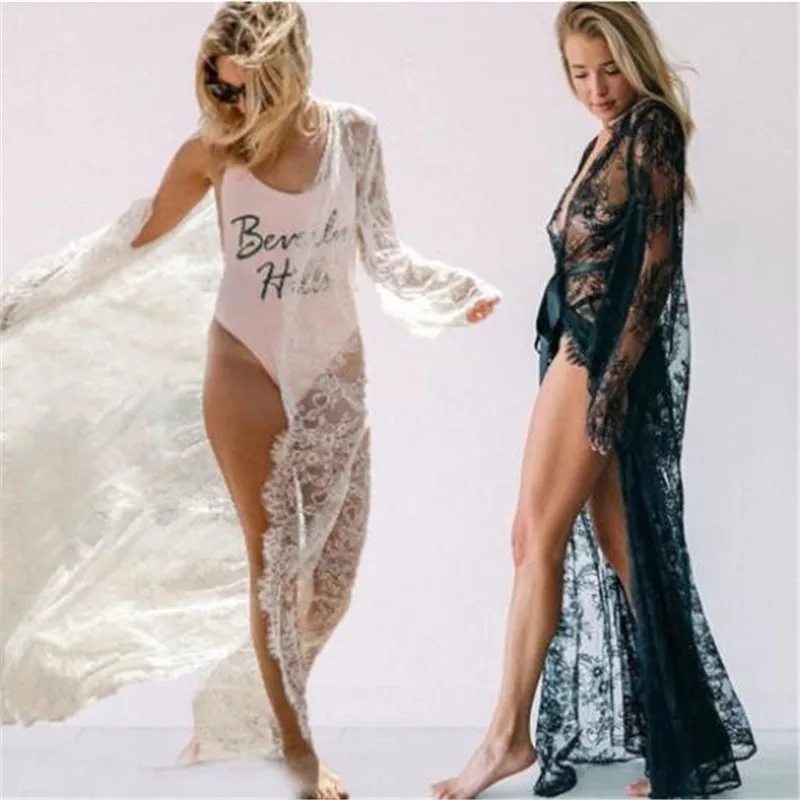 

Женская черная, белая накидка на бикини, летнее сексуальное кружевное кимоно в стиле бохо, Пляжное длинное платье макси, прозрачный свободный кафтан, туника, купальник