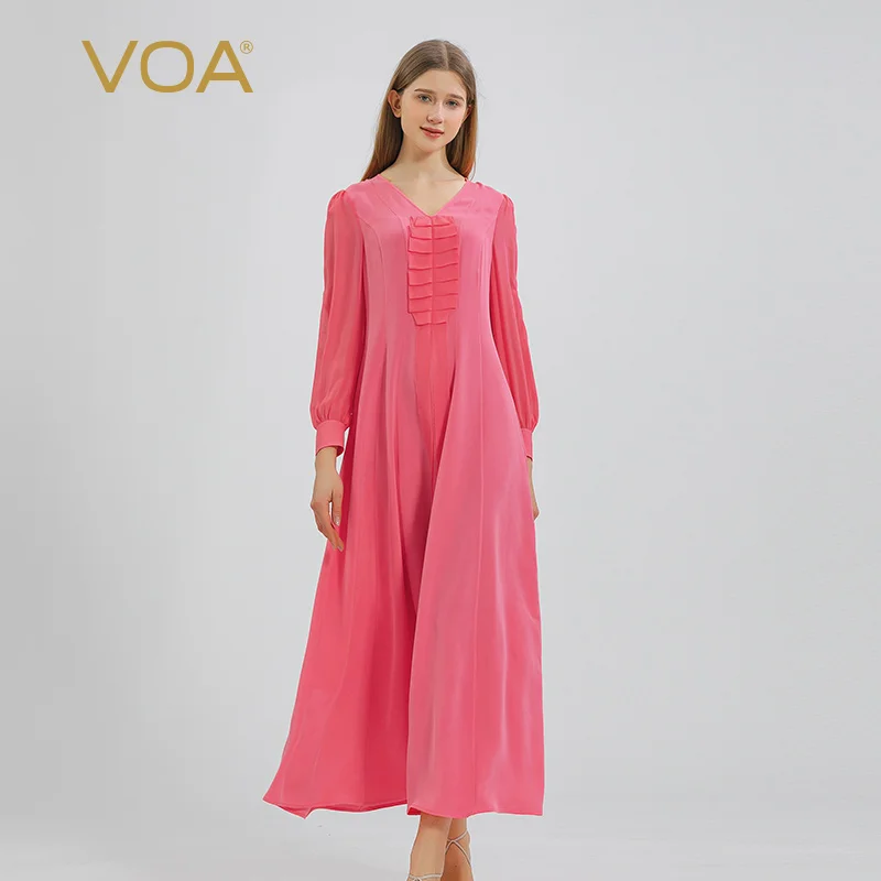 

VOA 30 Momme Heavyweight Mulberry Silk Rose Red V-neck Shirt Long-sleeved Three-dimensional Decorative A-line Sweet Dress AE1389