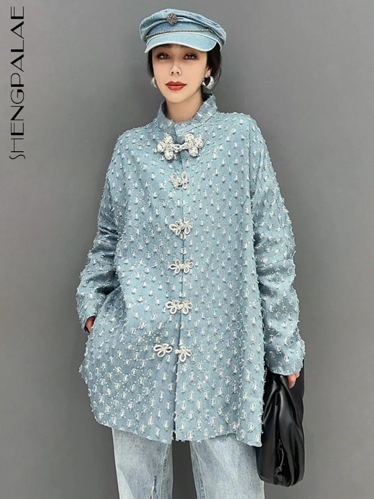 

SHENGPALAE High-quality Denim Shirt For Women Chinese Style Fashion Long Sleeve Blouse Outerwear Y2k Clothes 2023 Spring 5R1684