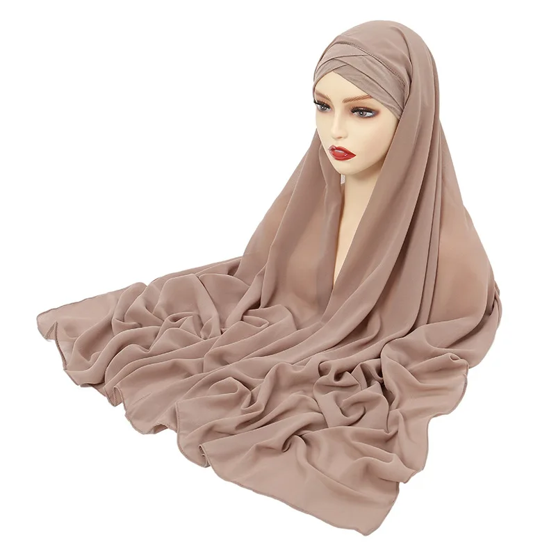 Criss Cross Muslim Jersey Instant Hijab Scarf for Women Chiffon Femme Musulman Turban Ready to Wear Hijabs Solid Underscarf Cap