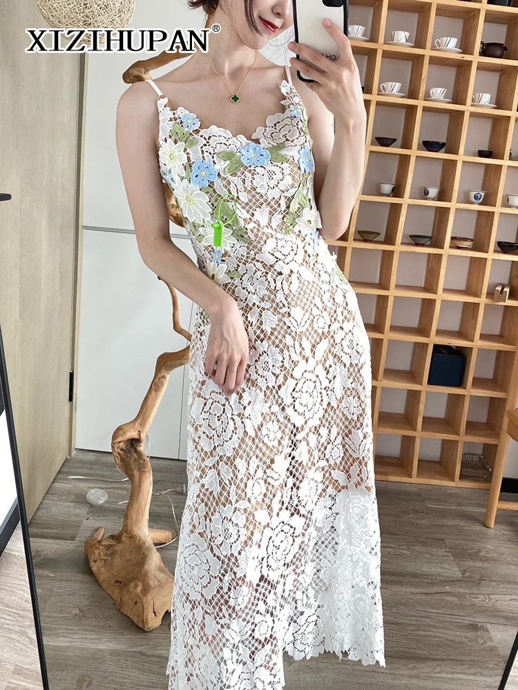 

XIZIHUPAN Sexy Patchwork Embroidery Dress For Women V Neck Sleeveless Cut Out High Waist Midi Dresses Female 2022 Summer Clothes