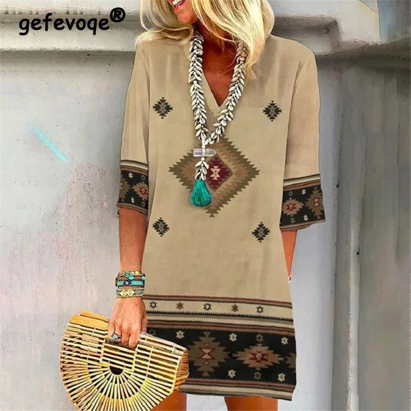 

Винтажная Женская одежда в стиле бохо с этническим графическим принтом, повседневное свободное пляжное мини-платье с V-образным вырезом и р...