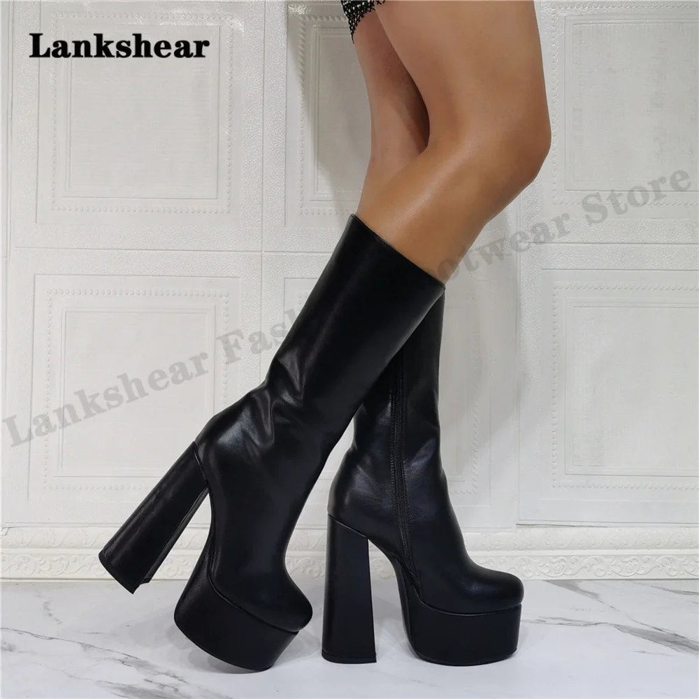 2022 New Women High Heel Boots Mid-Calf Boots Zipper Platform Ladies Shoes Women Boots Round Toe Platform Shoes