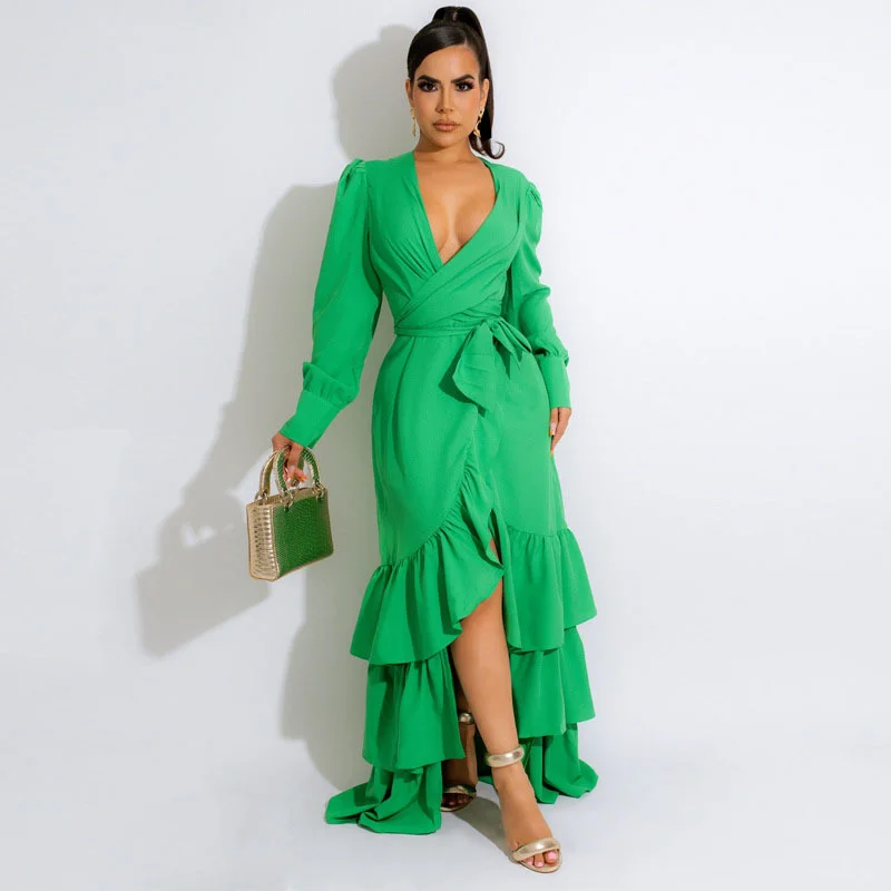 

WUHE Cascading Ruffles Hem Wraped V-neck Long Sleeve with Sashes Waist Maxi Long Dress Sexy Party Floor Length Women Dresses