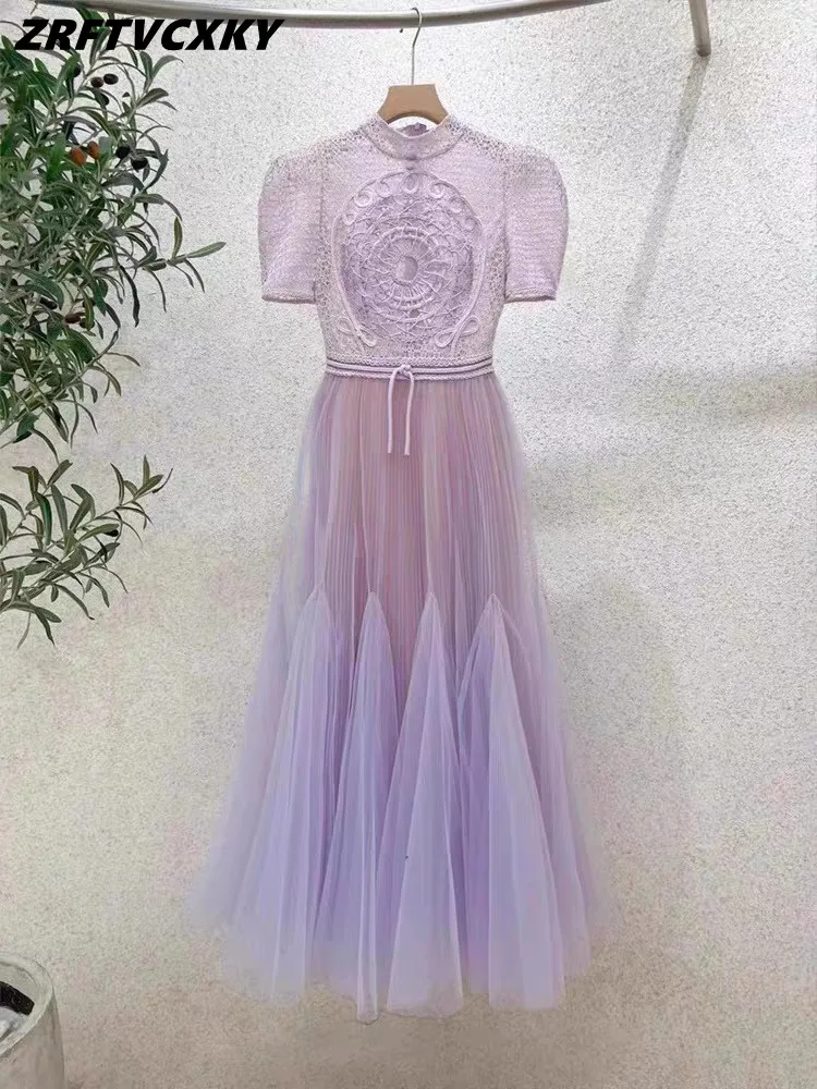 

Дизайнерское фиолетовое кружевное Сетчатое лоскутное платье для женщин 2023 летнее модное платье с вышивкой Vestidos Para Mujer кружевное строгое платье миди