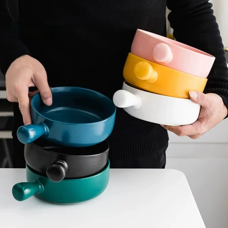 

Creative nordic Ceramic Salad Bowl With Handle fruit salad bowl baking tray handle bowl baking bowl instant noodle bowl