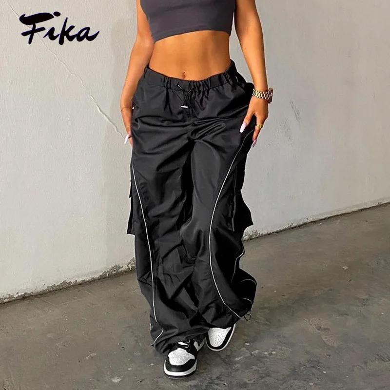 

High Waist Bright Line Decoration Casual Cargo Pants Y2k Pockets Loose Streetwear Women Harajuku Solid Elastic Waist Sweatpants