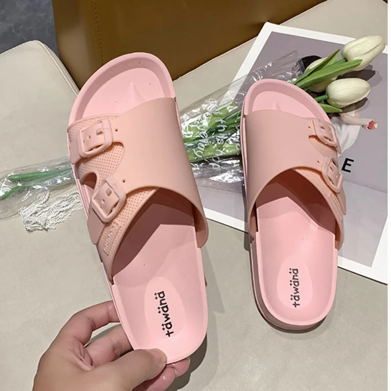 Summer Solid Buckle Female Slippers PVC Anti Slip Fashion Women's Flip Flops 2023 Waterproof Outdoor Pool Female Beach Shoes