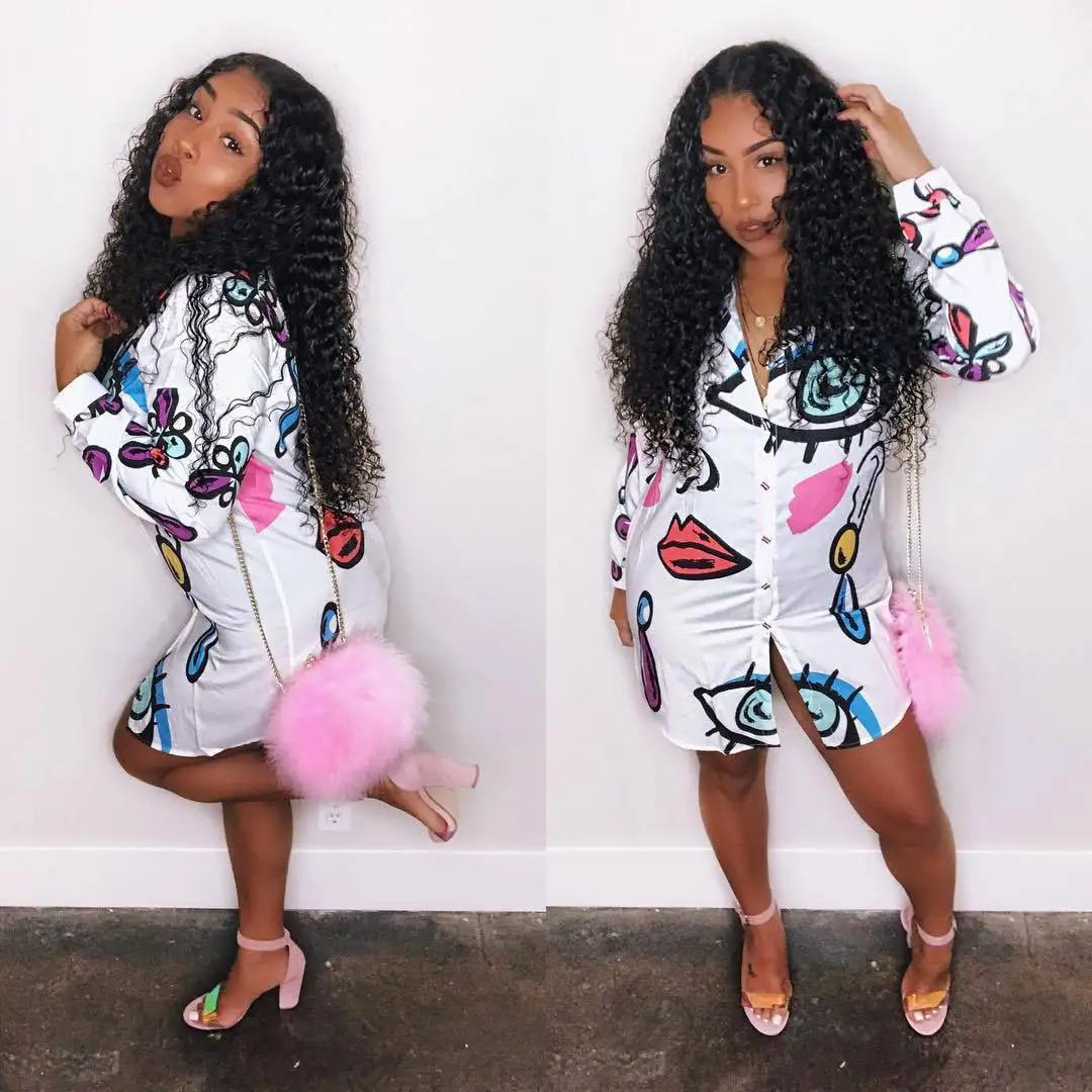 

Women Casual Printed Irregular Shirt Dress Summer Fashion Plus Size Printed Long Sleeve Mini Shirt Dress Women