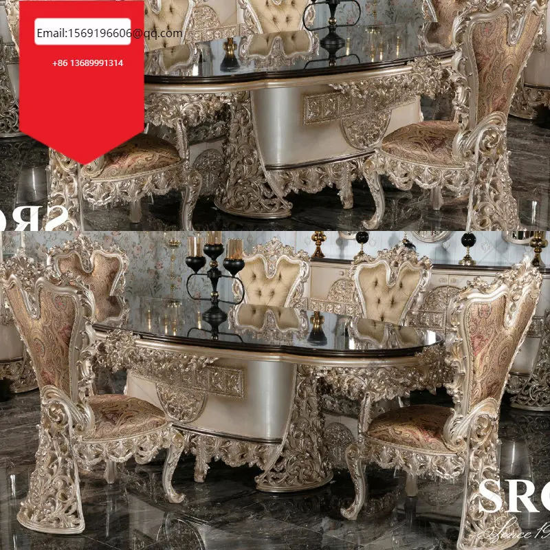 

Custom-made European long dining table luxury all solid wood carved gold foil large-sized French dining table furniture
