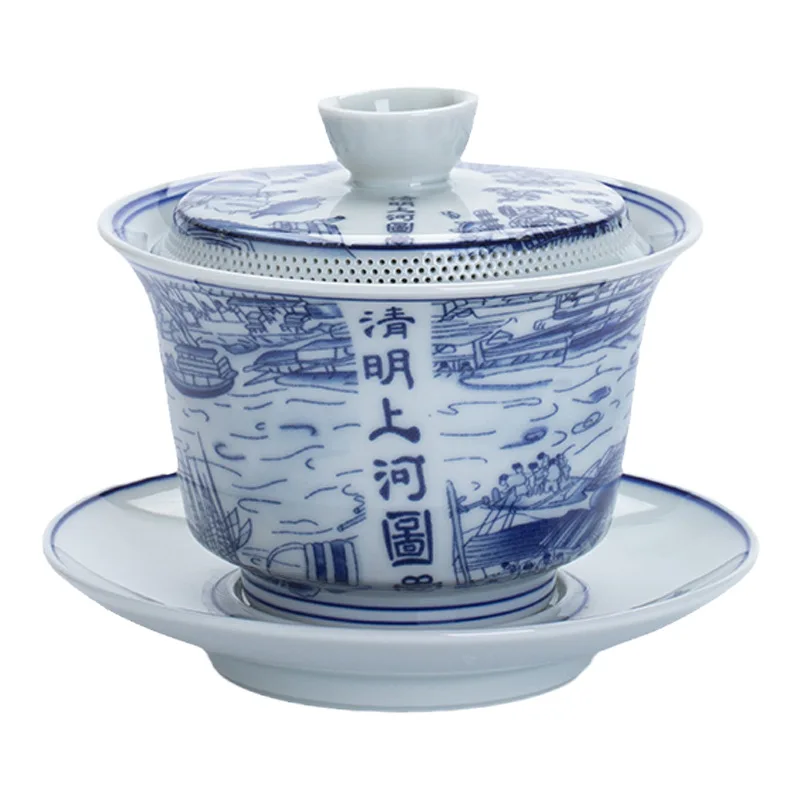 Чашка для чая Gaiwan Qingming Shanghe, карта, вращающаяся вода, защита от ожогов, чаша из трех предметов, бытовой фарфоровый набор для кунг-фу (art.: 3920ca443399f) - 3920ca443399f