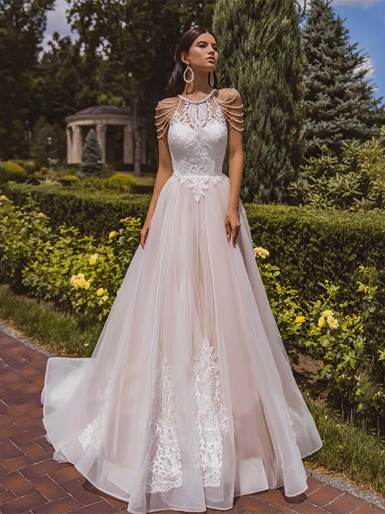 

Charming Boho Wedding Dress A-line O-neck Sleeveless Appliques Tea-length Bridal Gowns For Women Custom Made Vestidos De Noiva