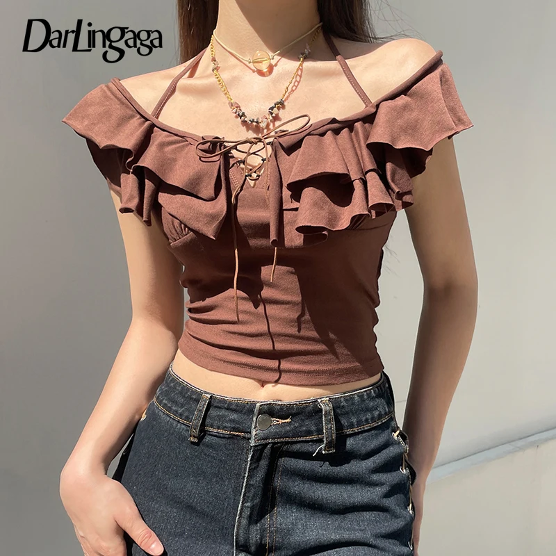 

Летняя винтажная коричневая футболка Darlingaga с оборками и сказочным верхом, женские облегающие кроп-топы Y2K, одежда с летящими рукавами, футболка, шикарные наряды