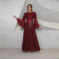 robe femme musulmane 2022 muslim burgundy lace sequined arabian muslim dress women vestidos fashion abayas for women