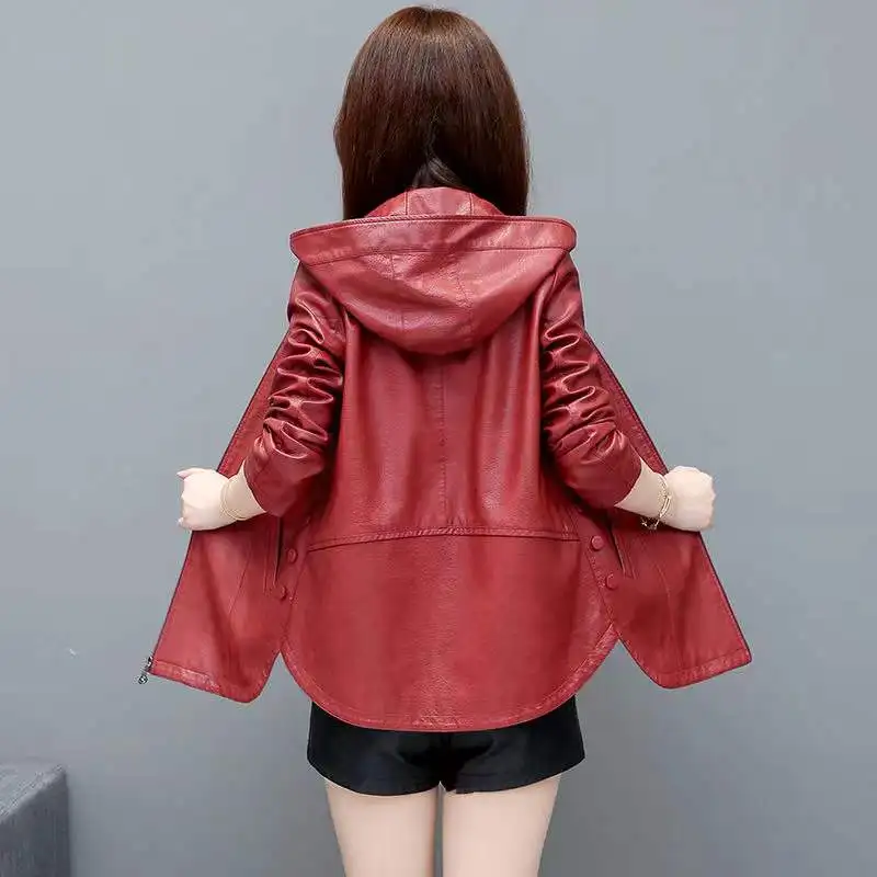 L-5XL New Woman Hooded Sheepskin Jacket Spring Autumn Fashion Casual Loose Mid-length Outerwear Split Leather Tops Coat Female