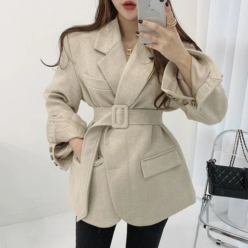 Korean Version of Chic Temperament Herringbone Pattern Bandage Waist Was Thinner Quilted Thick Suit Woolen Jacket 2022 Women New