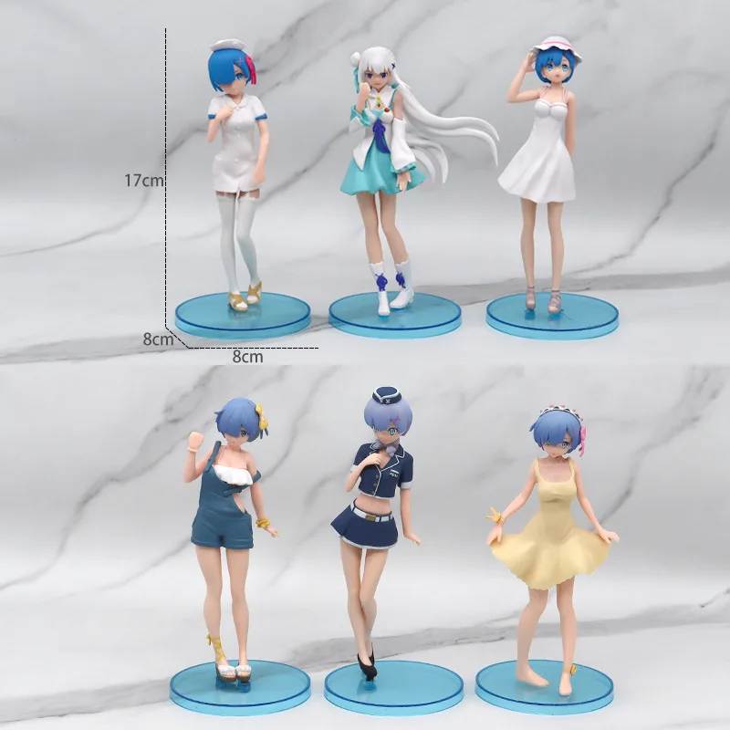 

6PCS Anime Re:Life in a Different World From Zero Life Figures Animation Cartoon Suspender Skirt Nurse Dress Rem Doll Decoration