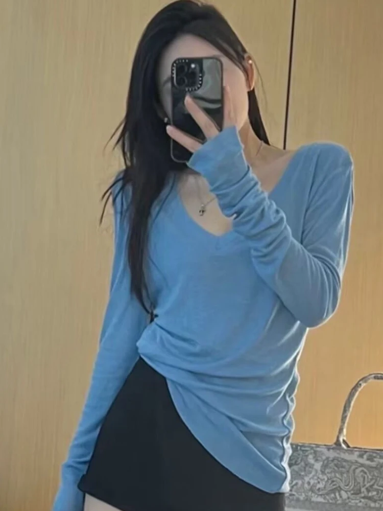 Синие футболки с длинным рукавом женские осенние топы v-образным вырезом простые