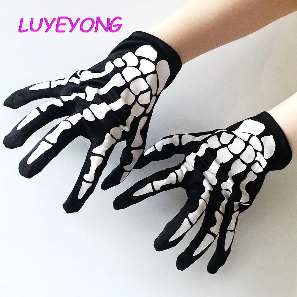 

2022 Novelty Nylon Skeleton Print Scare Props Gloves Hipster Street Goth Acessory Black Cool Halloween Women Wrist Length Glove