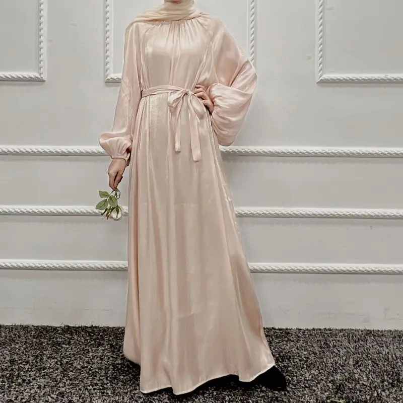 

Plus Size Muslim Dress Eid Abayas Shiny Soft Cuff Sleeves Silky Kimono Dubai Turkey Dress Islam With Belt Prayer Garment Gown
