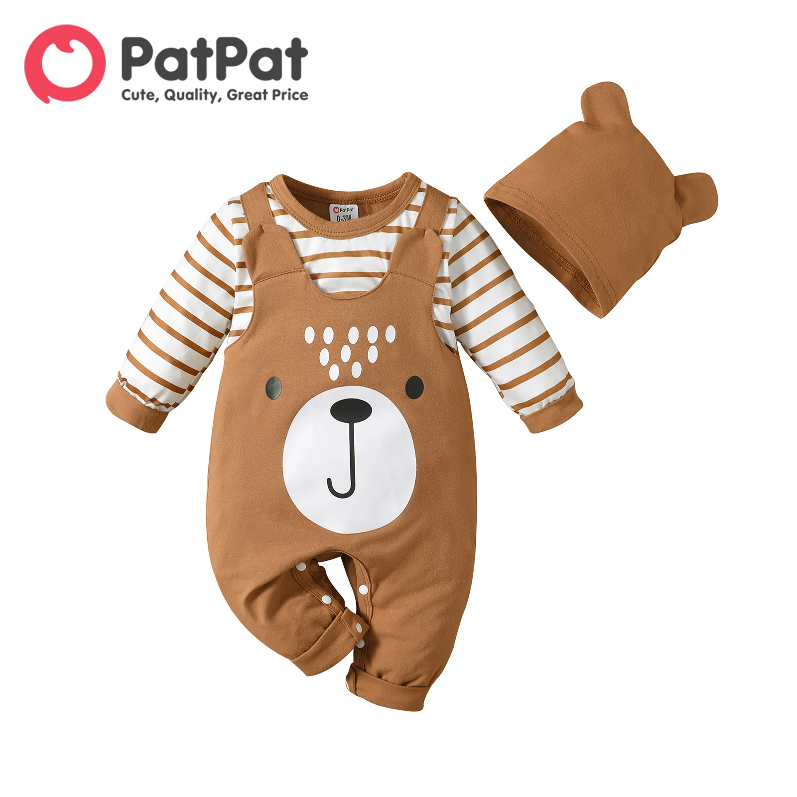 

PatPat 2pcs Baby Boy Clothes Girl New Born Boy Overalls Jumpsuit Romper Infant Newborn Bear Spliced Striped Long-sleeve Hat Set