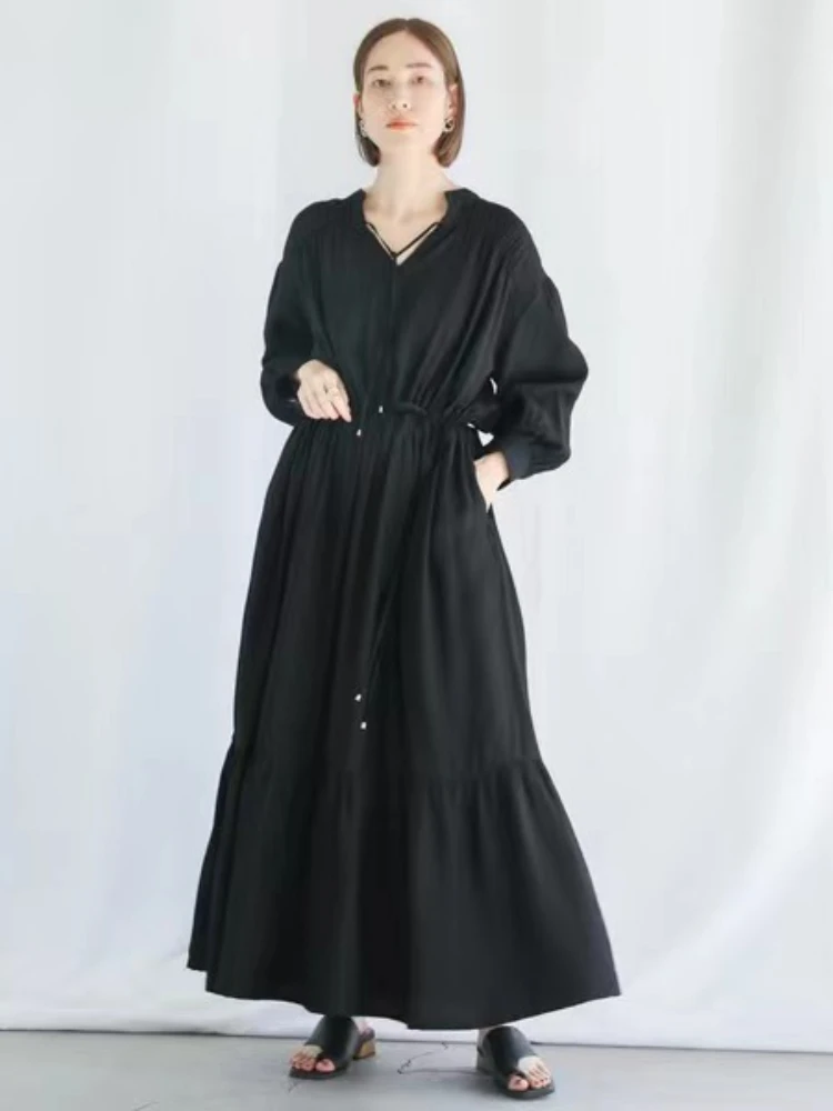 

Dresses for Women Spring Summer New Korean Fashion Long Sleeve V-Neck Vintage Robe Oversize LOOSE Streetwear Elegant Dresses