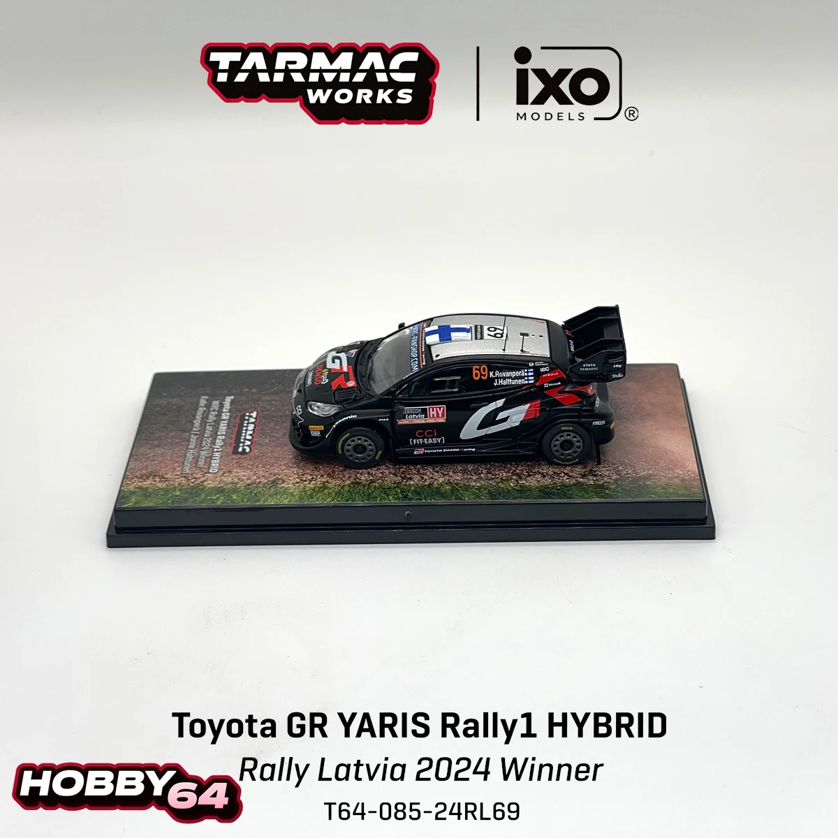 Фото В наличии, быстрая доставка: Tarmac Works X IXO 1:64 GR YARIS Rally1 HYBRID # 69 Латвия 2024 Winner Rally T64-085-24RL69 Модель автомобиля из литого металла №4