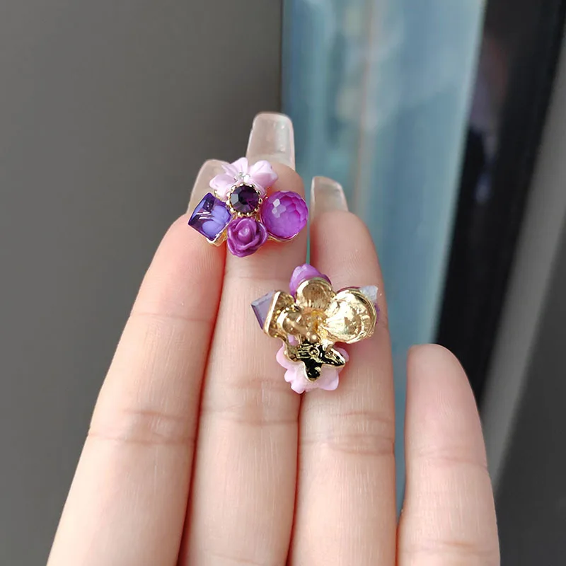 

Purple Crystal Flower Stud Earrings for Woman Korean Shiny Zircon Floral Ear Studs Fashion Wedding Party Girl Elegance Jewelry