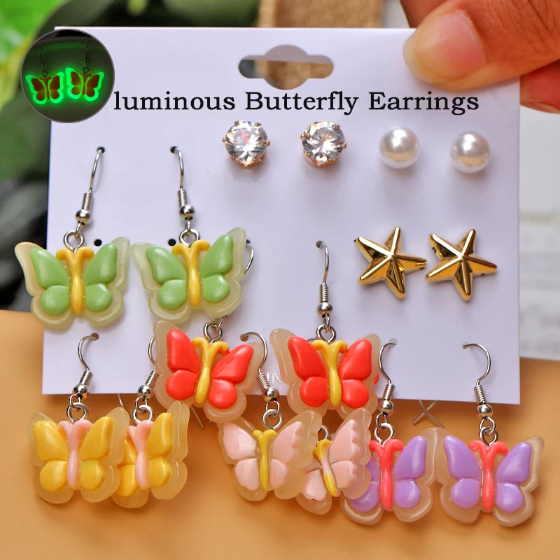 

8-9pairs Fashion Resin Earring Sets for Women Luminous Butterfly Drop Earring Candy Color Bear Dinosaur Flower Long Earrings