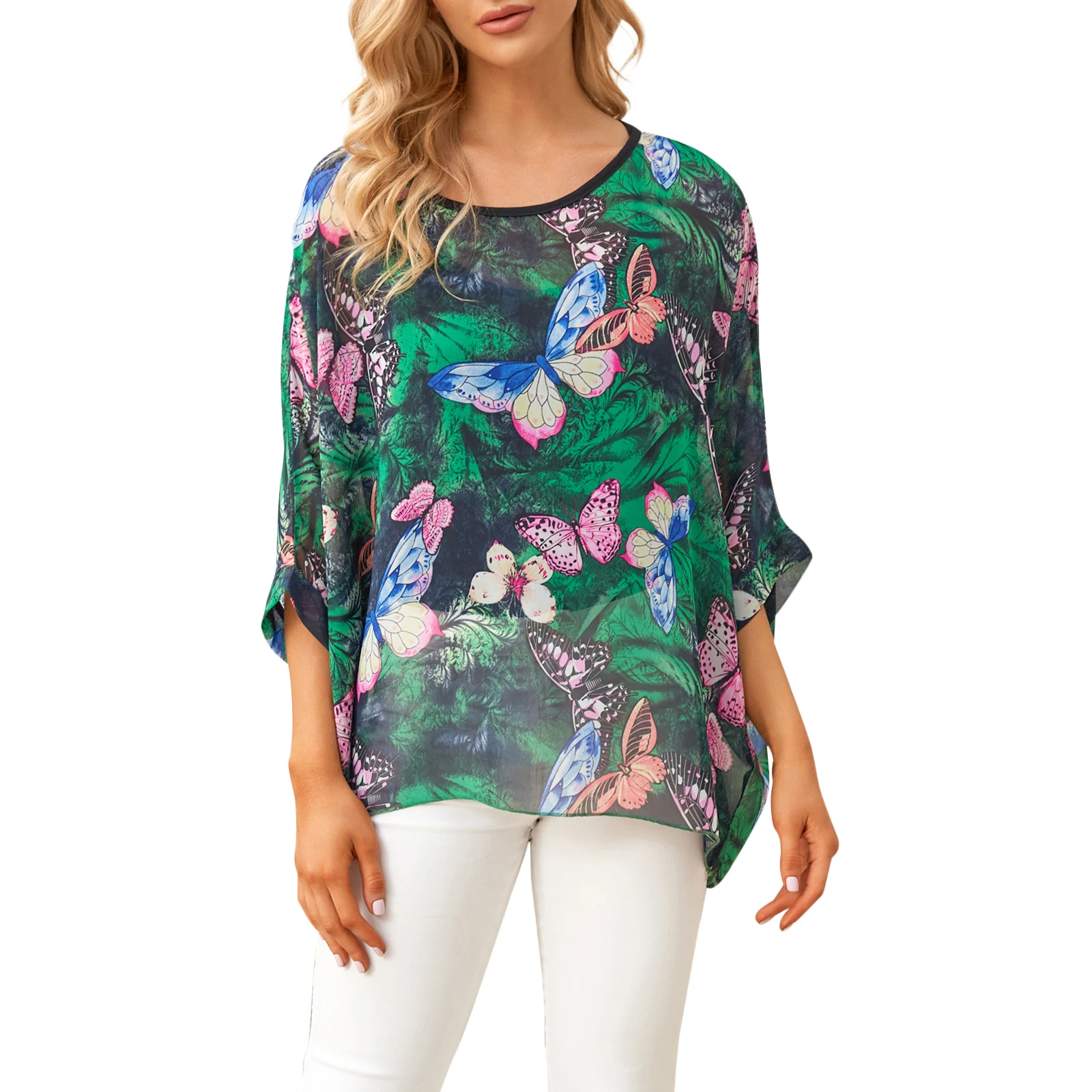 Женская шифоновая блузка с рукавами летучая мышь и принтом | Блузки