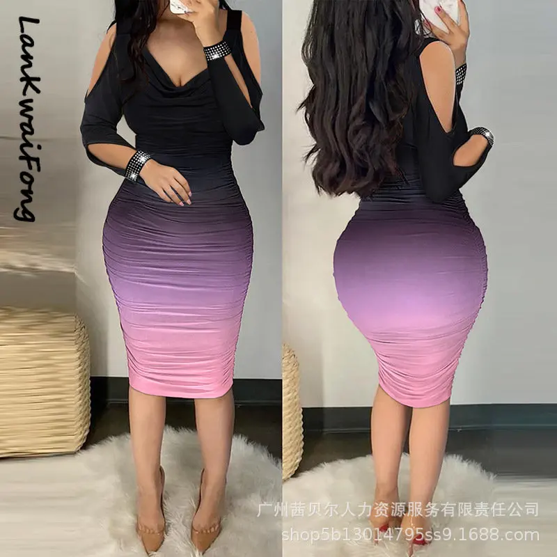 

LKF Spring New Women's Dress Slim Fitted Bodice with Diamond Sling V-neck Hip Bag Fashion Casual Commuting Dress