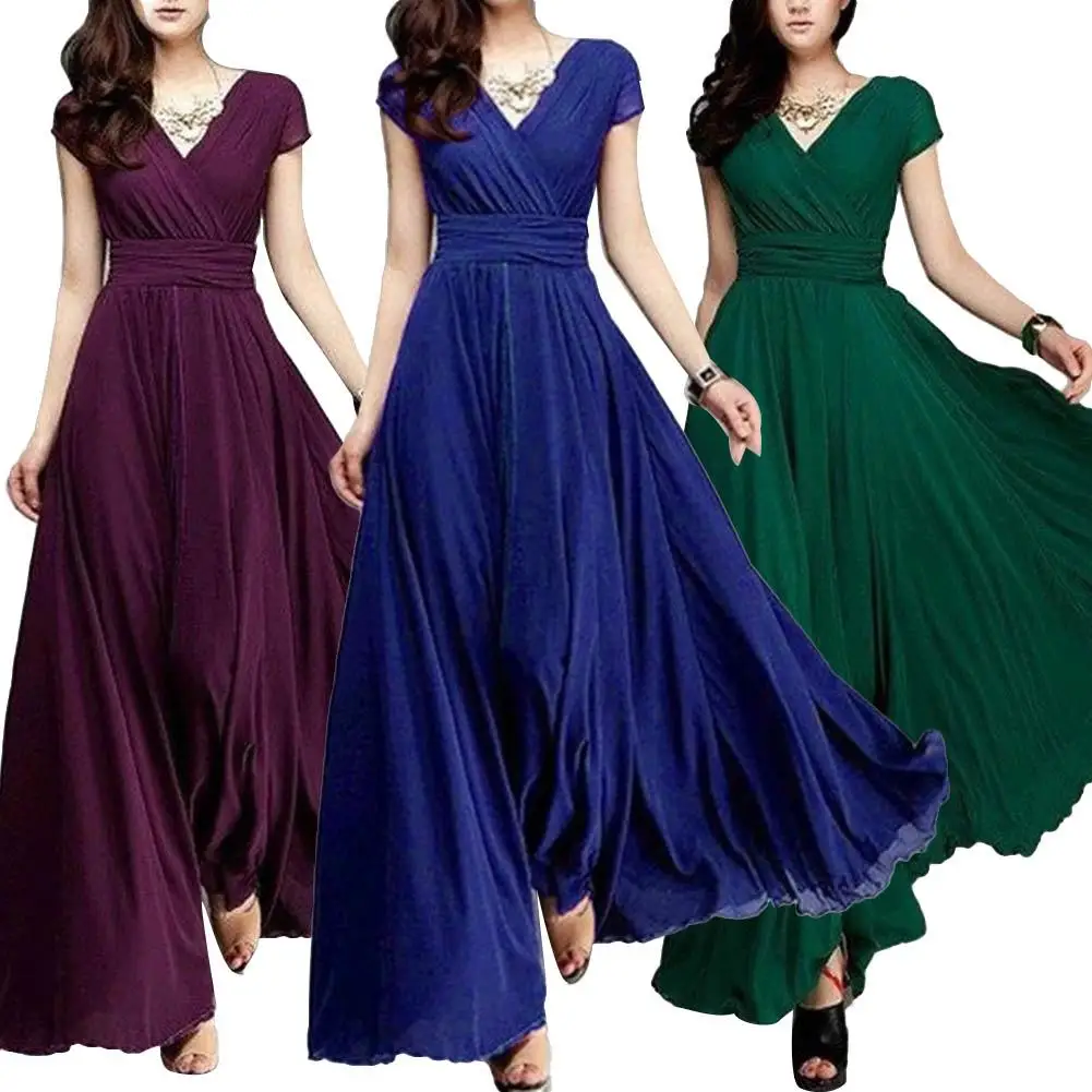 

Bohemian Women Solid Color Short Sleeve V Neck Tight Waist Maxi Evening Dress