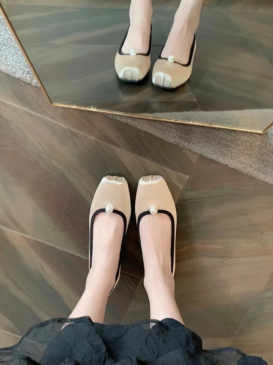 

Gentle Pearl Square Toe Flat Bottom Satin Ballet Flats Spring/Autumn Zapatos Para Niña Mary Jane's Shoes Zapatos Para Niña