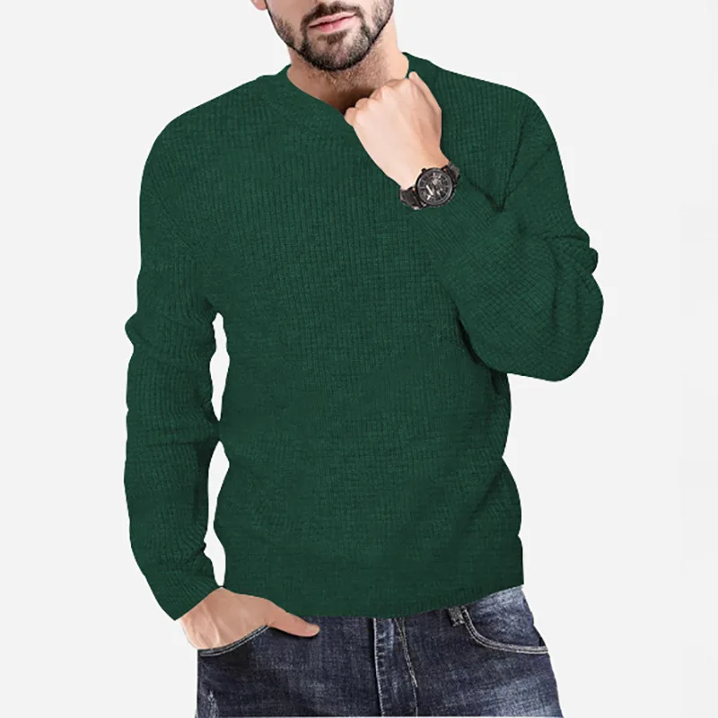 2023 New Autumn and Winter Men's Knitted Round Neck Pullover Men's Waffle Solid Color Casual Top Clothes for Man Mens Clothes