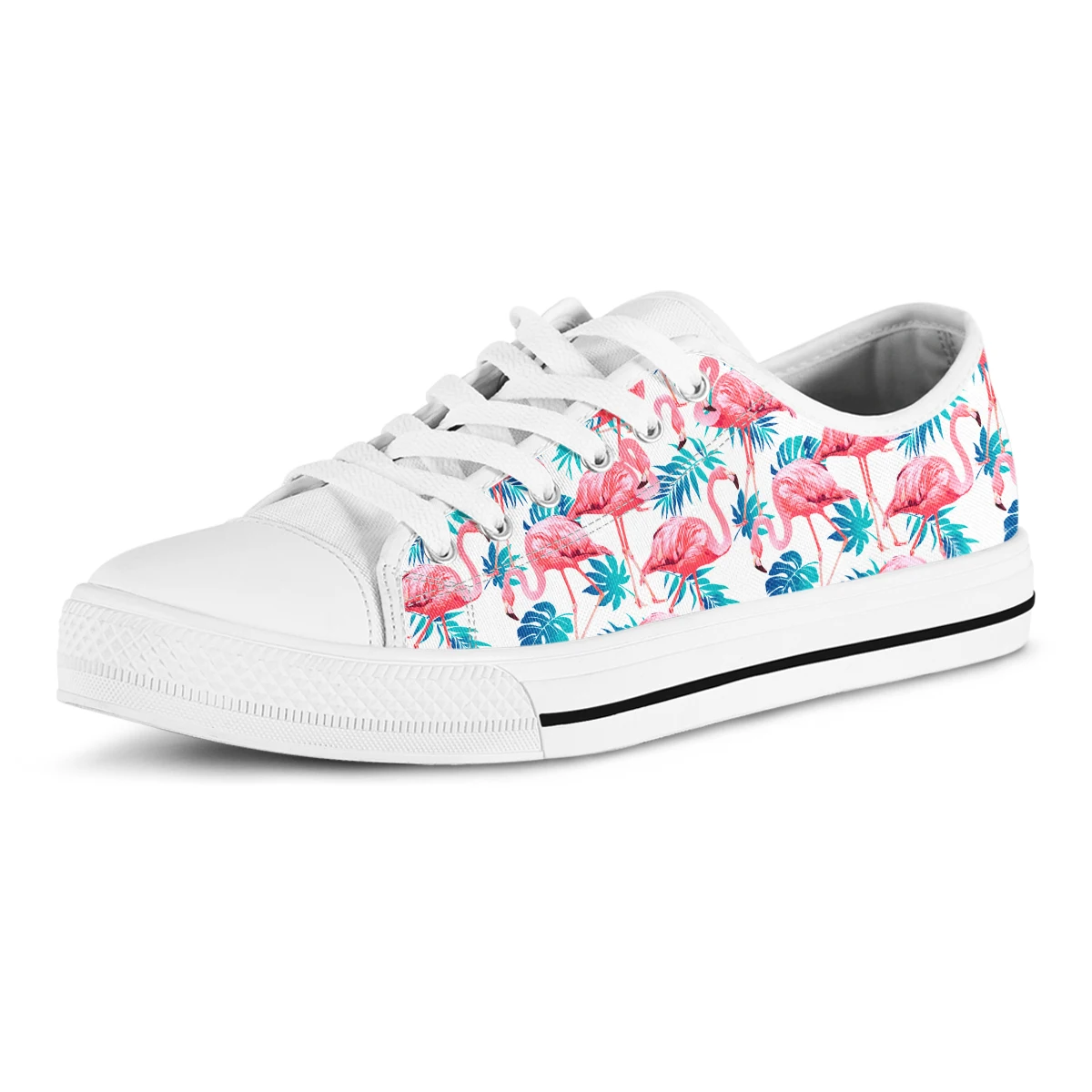 BKQU Women's Pink Flamingo Print Sports Shoes Canvas Shoes 2022 Lace Up Canvas Shoes White Blue Strappy Casual Shoes Flat Shoes