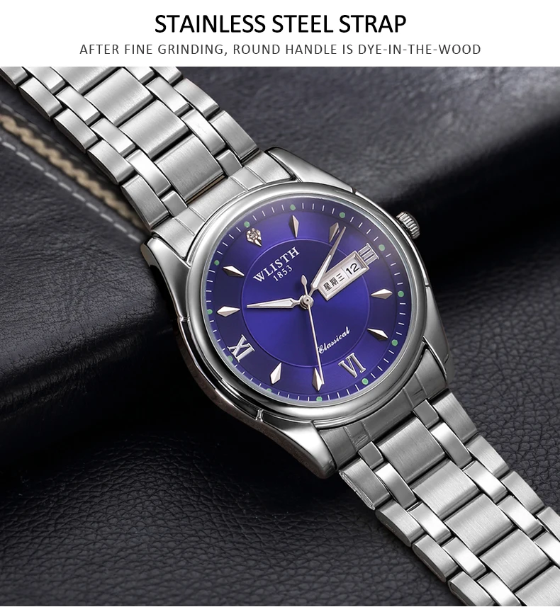 

Мужские деловые кварцевые часы марки Wlisth из нержавеющей стали, водонепроницаемые, ночная версия, календарь, часы с отображением недели