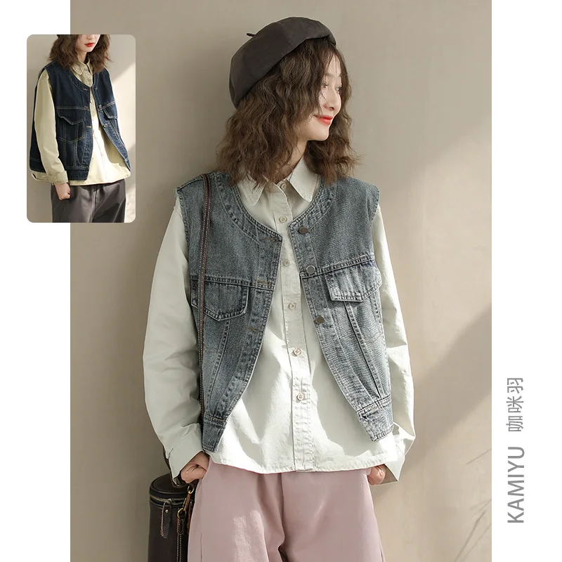 Осенний новый джинсовый жилет в стиле ретро маленький свободный уменьшающий