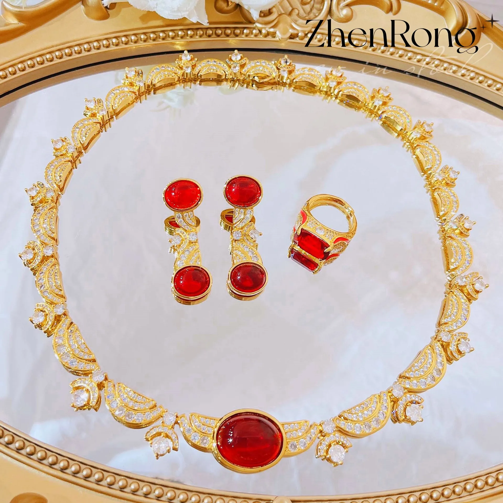 

Luxury Oval Simulation Ruby Red Crystal Jewelry Sets Wedding Women Long Pendant Necklaces Earrings Adjustable Rings 2023 New