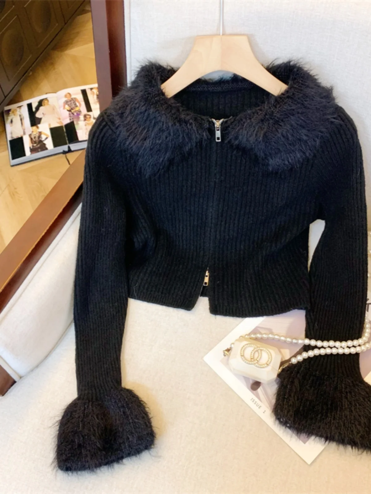 Французская пушистая лоскутная вязка с двойной молнией женская осенне-зимняя