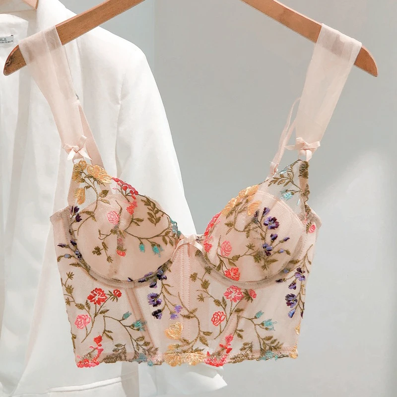 BIIGGXX Bras for Women's Ultra-thin Mold Cup Sexy Lingerie French Romantic Embroidery Brassiere Strap Tube Top Bra