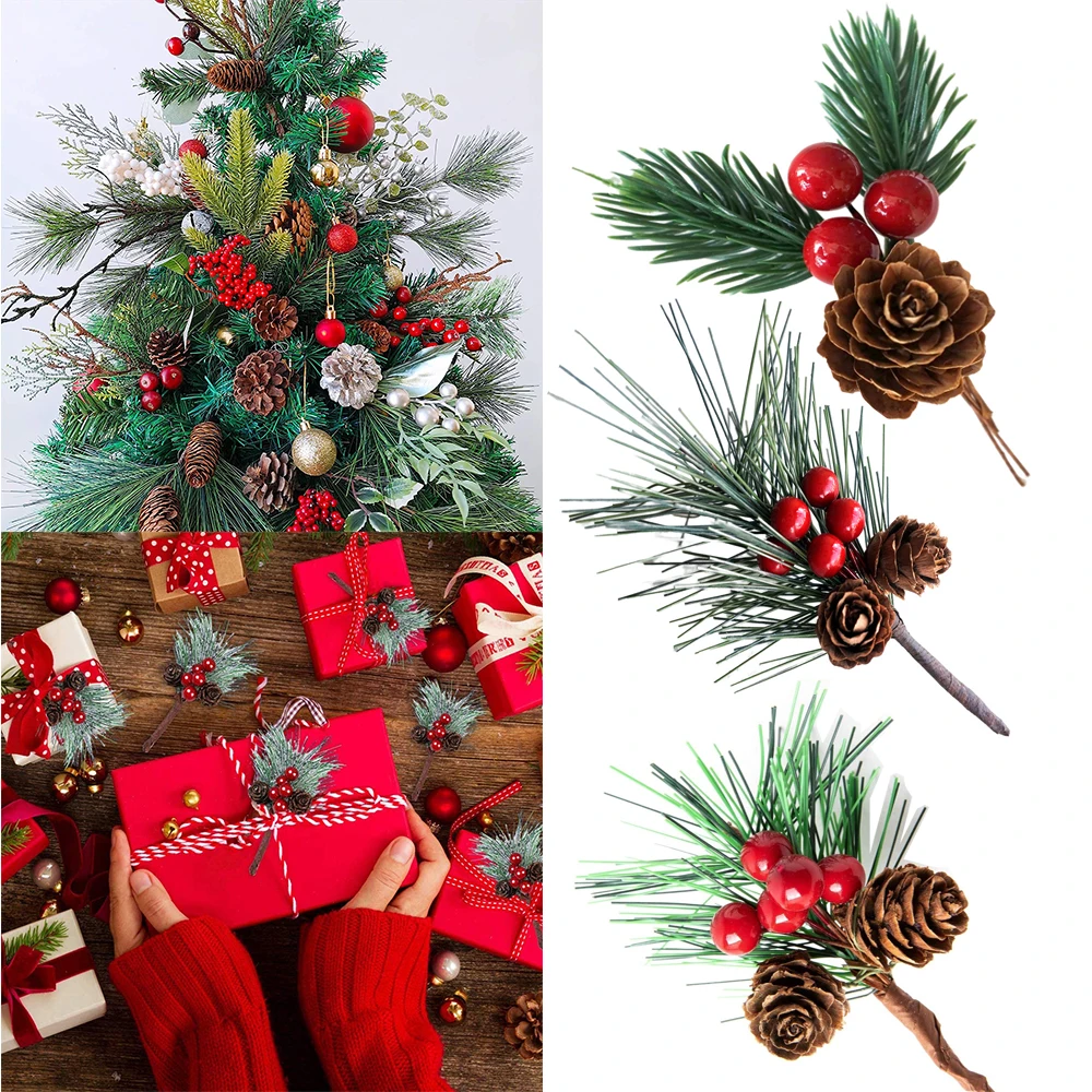 10pcs Christmas Pine Picks Red Berry Stems Novelty Mini Fake Pine Cones Branches for Xmas Tree Decoration Crafts Gift Package