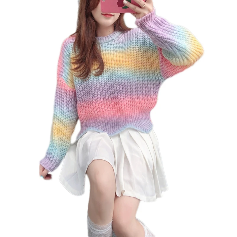 

Women Long Sleeve O-Neck Sweater Harajuku Gradient Rainbow Striped Pullover Top Irregular Wave Hem Knitwear Jumper Shirt